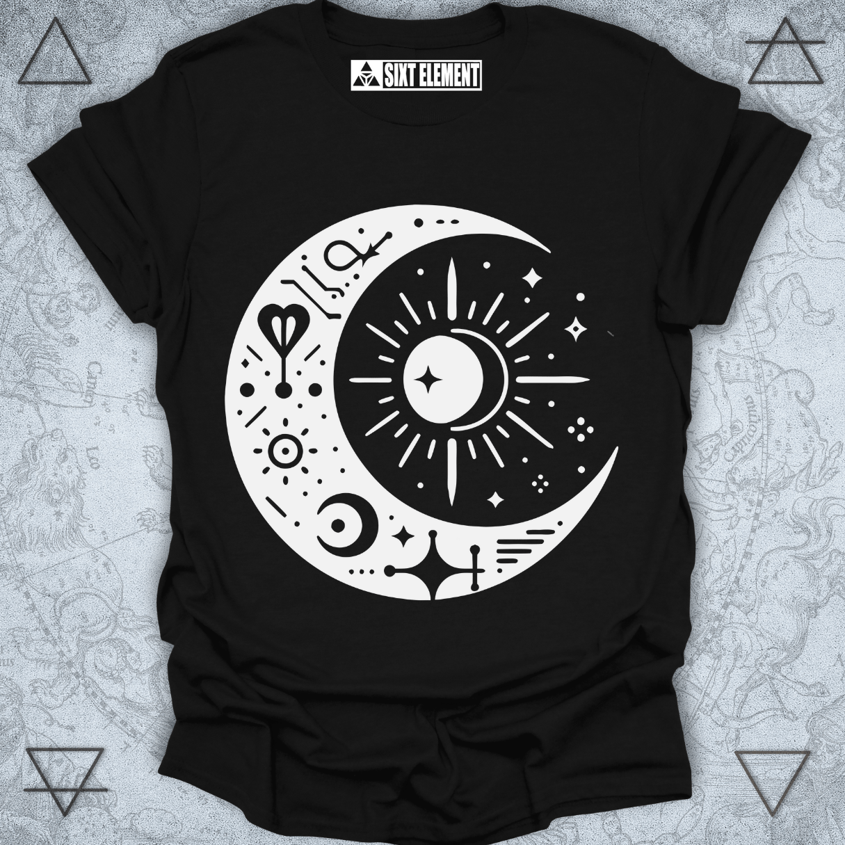 Boho celestial t-shirt design with crescent moon and radiant sun symbols