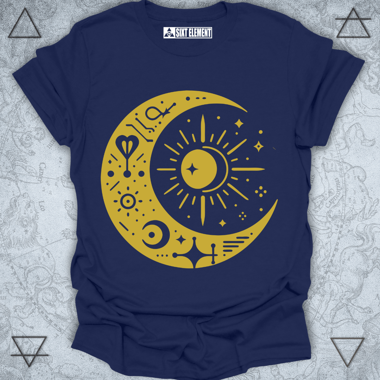 Boho celestial t-shirt design with crescent moon and radiant sun symbols