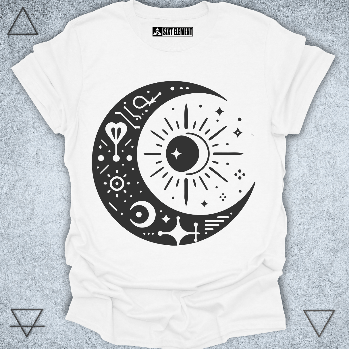 Boho celestial t-shirt design with crescent moon and radiant sun symbols