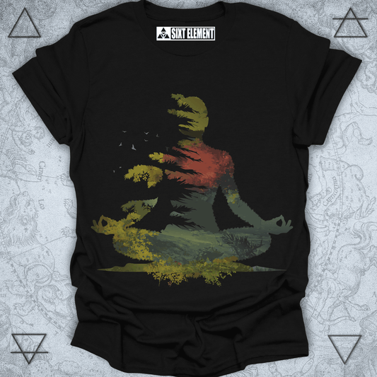 Meditative figure t-shirt design blended with forest nature elements in boho style