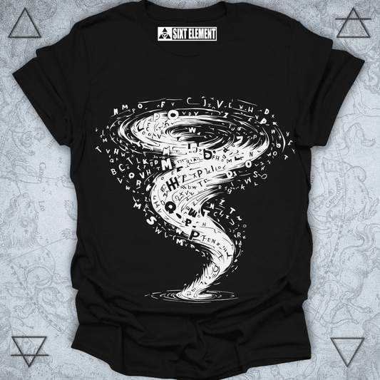 Tornado vortex made of scattered letters t-shirt design in boho artistic style
