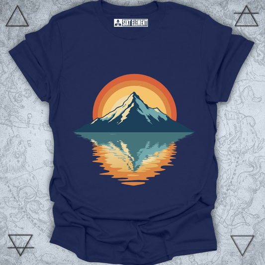 Mountain Reflection Sunset t-shirt design with mountain peak and mirrored lake under retro sun