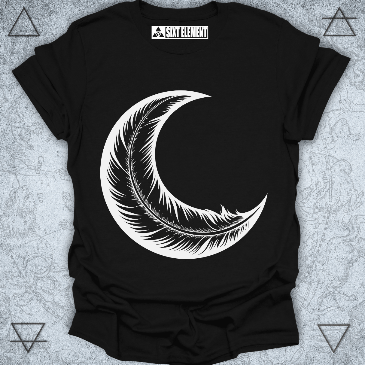 Crescent moon feather design on premium t-shirt blending celestial and natural elements