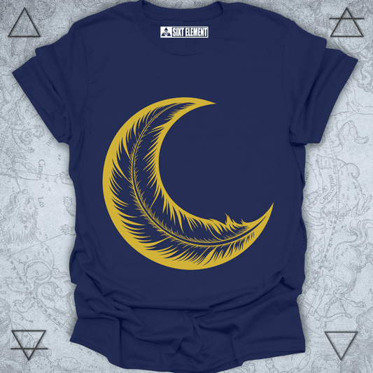 Crescent moon feather design on premium t-shirt blending celestial and natural elements