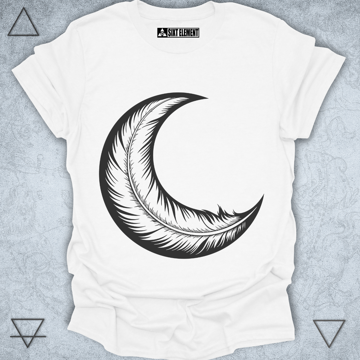 Crescent moon feather design on premium t-shirt blending celestial and natural elements