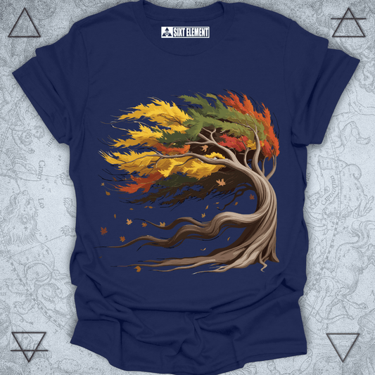 Windy fall tree with colorful leaves design on premium quality t-shirt inspired by autumn nature