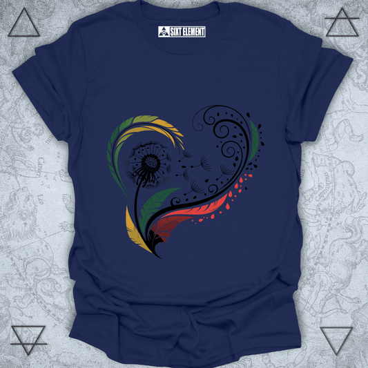 Autumn heart design with feathers and dandelion on premium quality t-shirt inspired by nature and seasonal change.
