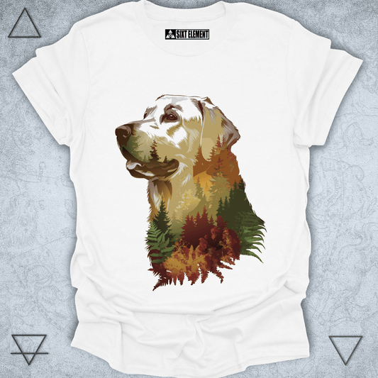 Labrador dog with autumn forest double exposure on premium quality t-shirt design for dog and nature lovers.