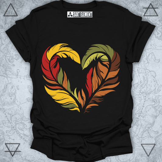 Heart made of colorful autumn feathers on premium quality t-shirt – elemental fall-themed design.