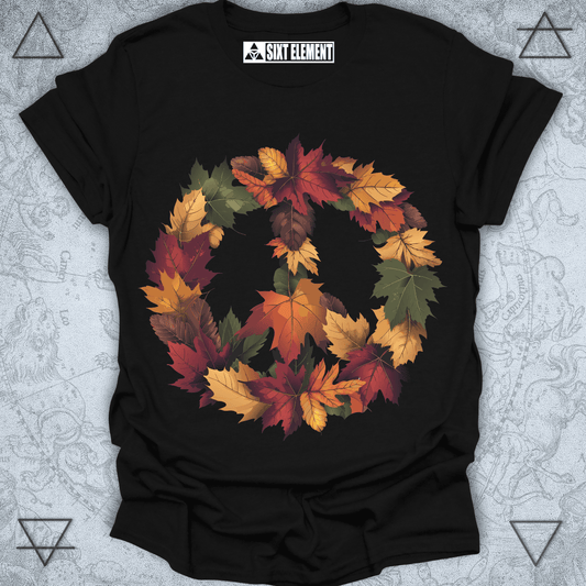 Autumn leaf peace sign design on premium quality t-shirt – fall nature elemental apparel