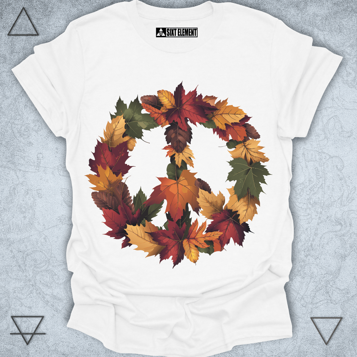 Autumn leaf peace sign design on premium quality t-shirt – fall nature elemental apparel