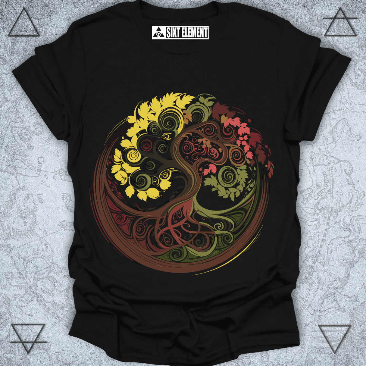Autumn Tree of Life spiral roots seasonal nature design on premium quality t-shirt – earthy boho apparel.