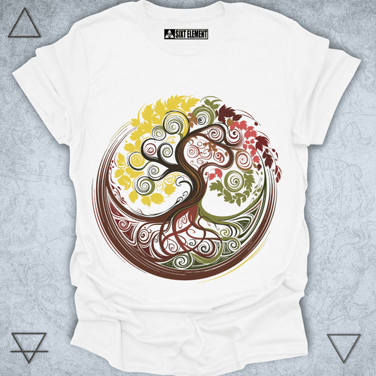 Autumn Tree of Life spiral roots seasonal nature design on premium quality t-shirt – earthy boho apparel.
