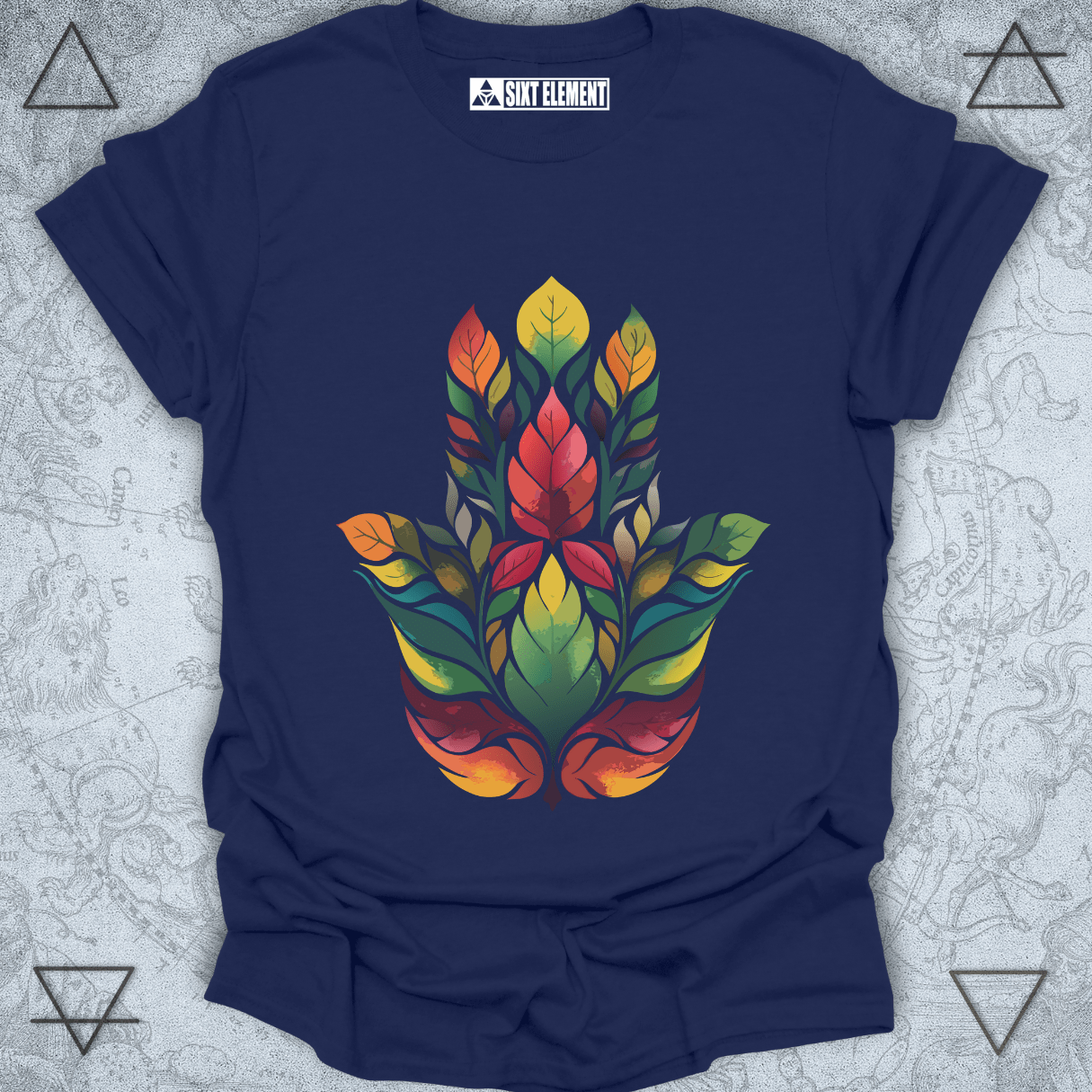 Boho autumn Hamsa hand t-shirt with colorful leaf mandala design – premium spiritual nature protection apparel.
