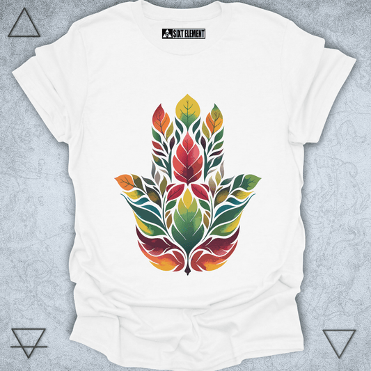Boho autumn Hamsa hand t-shirt with colorful leaf mandala design – premium spiritual nature protection apparel.