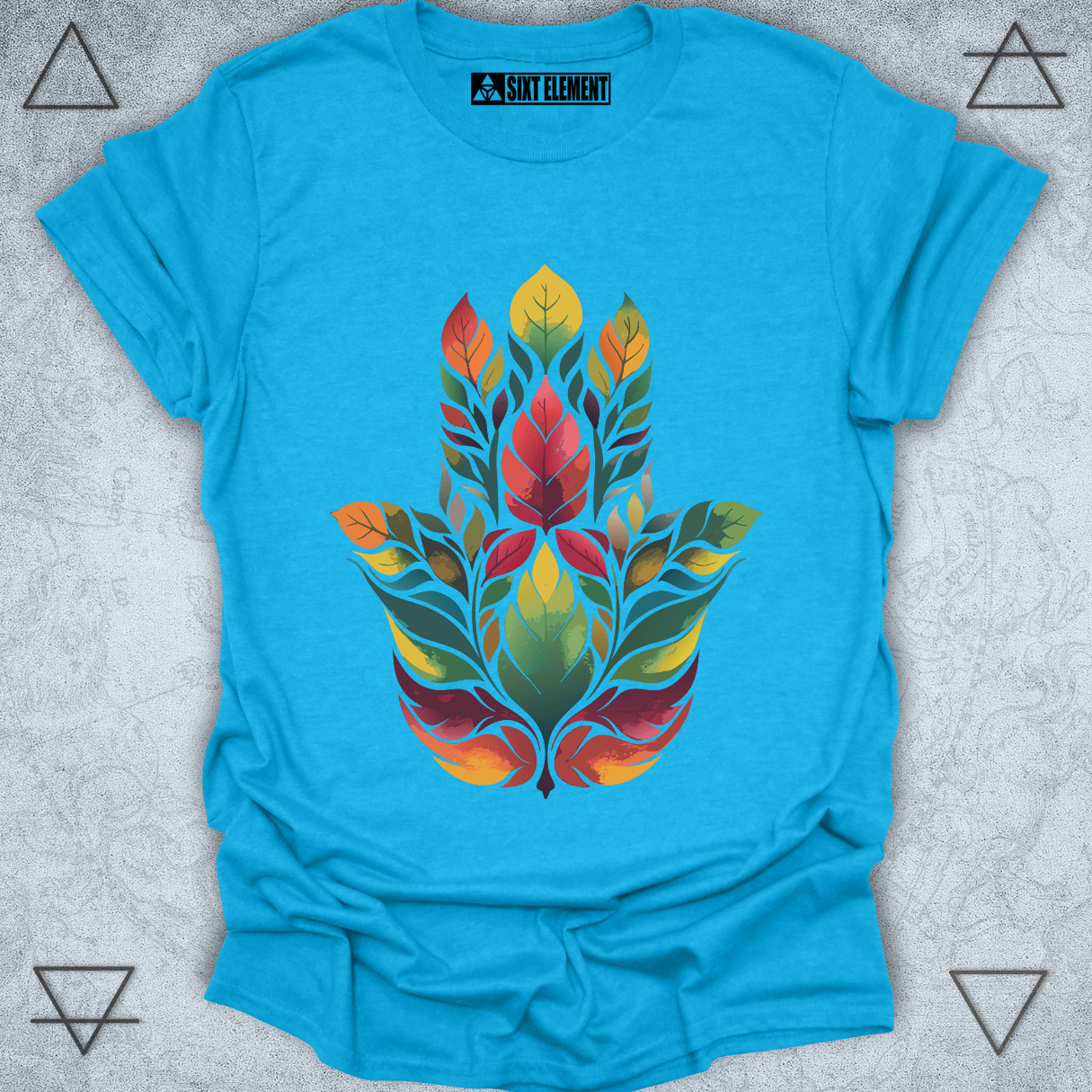 Boho autumn Hamsa hand t-shirt with colorful leaf mandala design – premium spiritual nature protection apparel.