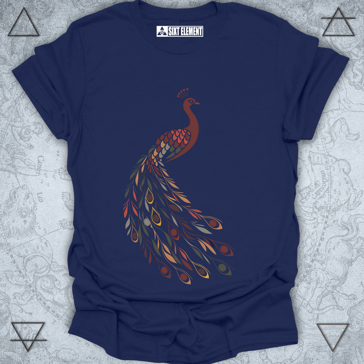 Boho autumn peacock t-shirt with earthy feather tail design – premium fall fashion nature-inspired tee.