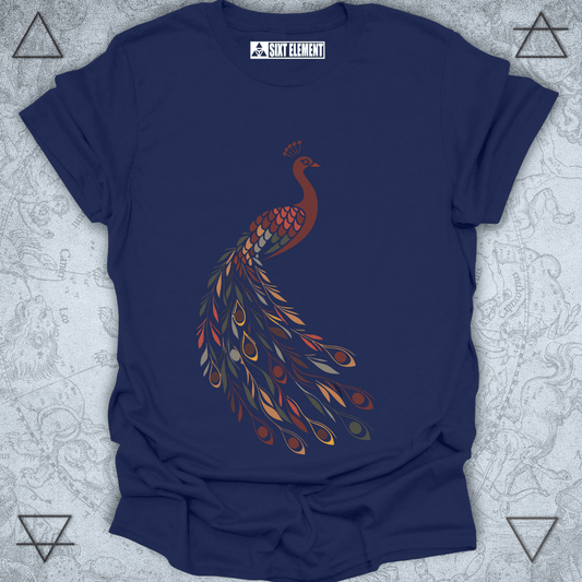 Boho autumn peacock t-shirt with earthy feather tail design – premium fall fashion nature-inspired tee.