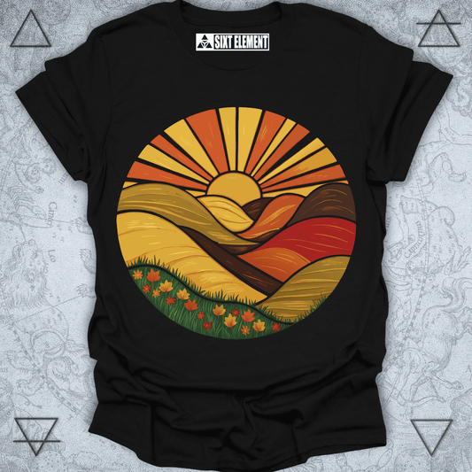 Retro boho fall sunset t-shirt with golden hills and sunburst design – autumn landscape premium tee