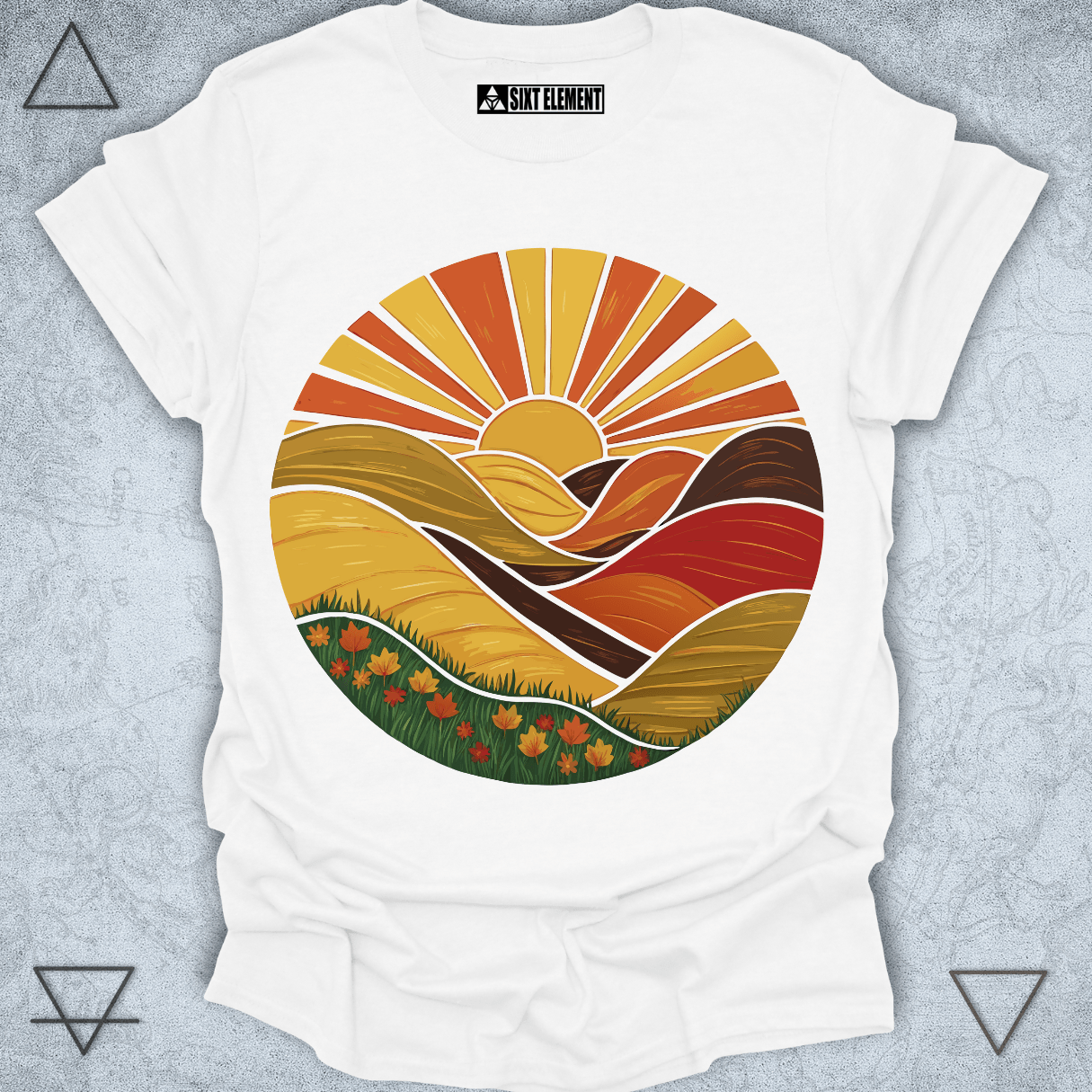 Retro boho fall sunset t-shirt with golden hills and sunburst design – autumn landscape premium tee
