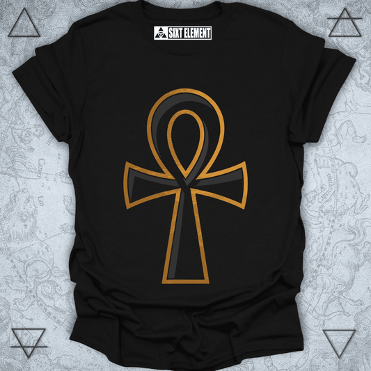 Black and gold ankh symbol design on premium quality t-shirt – ancient Egyptian life symbol tee