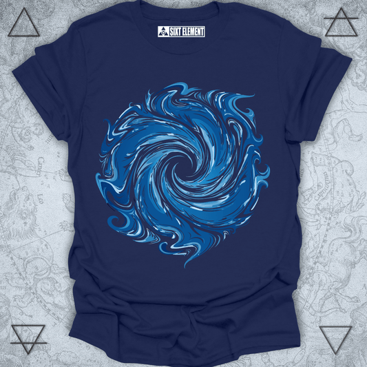 Celestial swirl abstract blue spiral design on premium quality t-shirt – cosmic energy vortex graphic tee