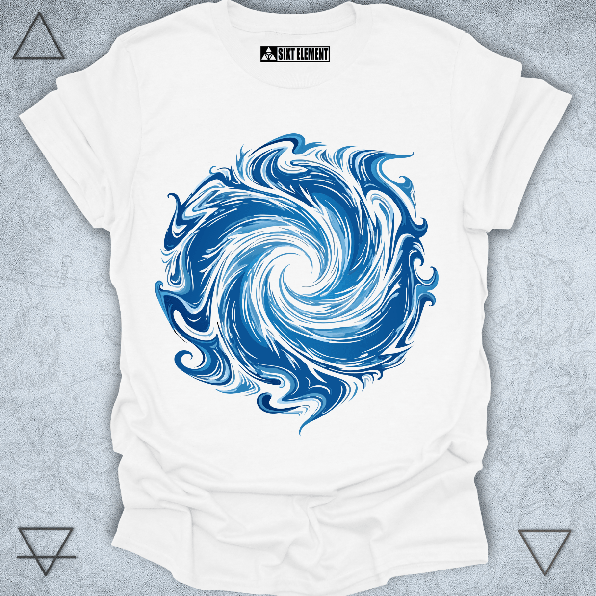 Celestial swirl abstract blue spiral design on premium quality t-shirt – cosmic energy vortex graphic tee